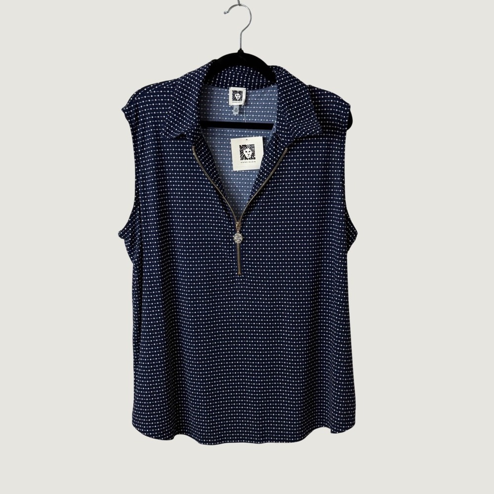 Anne Klein Top Womens 2X Navy White Polka Dot Sleeveless Half Zip Preppy NWT